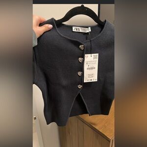 Zara Navy Knit Tshirt with silver button accents